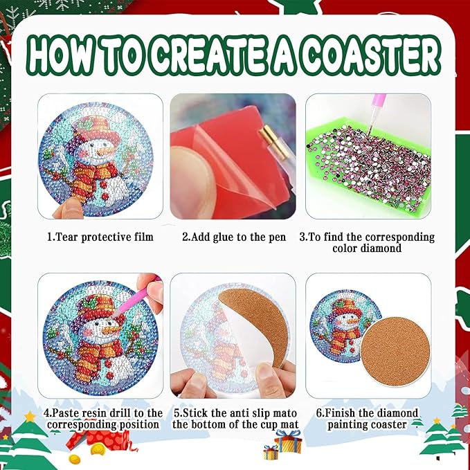 EWJRNSF 6 PCS 5D Diamond Painting Coasters Kits with Holder, Small Diamond Art Kits for Adults Beginners Diamond Dots Arts and Crafts Gems Supplies Item Christmas Style