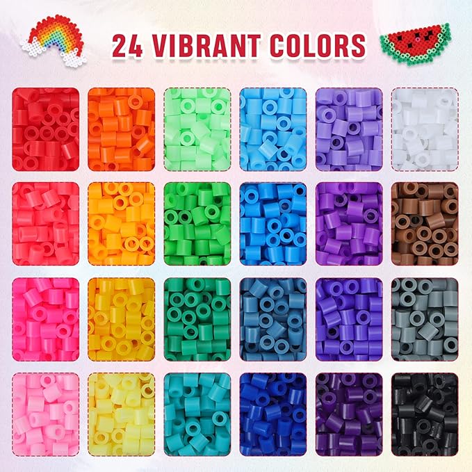 QUEFE 5200pcs Fuse Beads Kit for Boys and Girls, 24 Colors 5mm Melting Beads Set Including Pegboards, Ironing Paper, Tweezers, Colorful Hooks for Birthday and Christmas Gift