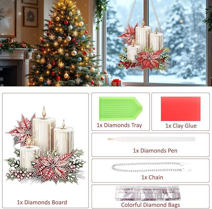 SENQAO Candles Diamond Art Hanging Kits for Adults Kids, Christmas Diamond Art Suncatchers, 5D Special Shape Diamond Painting Pendant Window Ornament Gifts for Home Garden Door Wall Decor