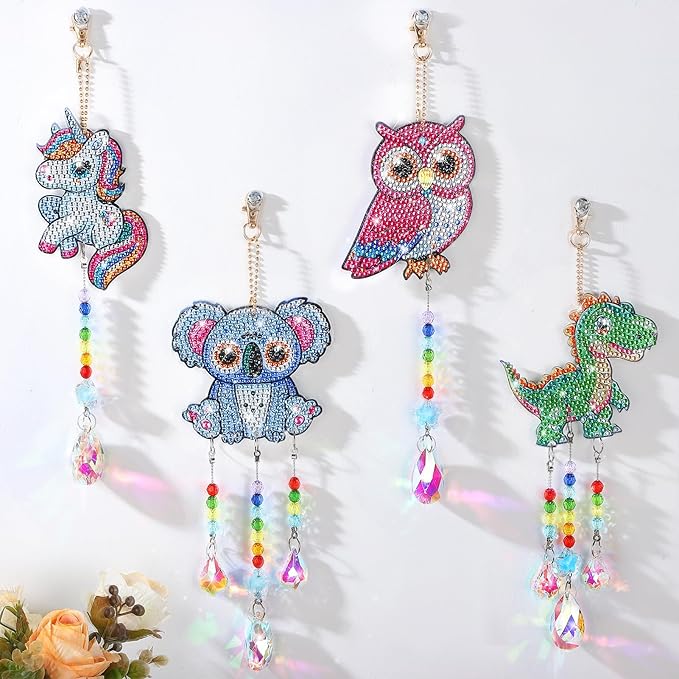 Diamond Art Kits for Kids - Crafts Gifts for Girls 8-12, 4 Pcs Double Sided Animal Style Wind Chime, Hanging Crystal Rhinestone Painting Ornament