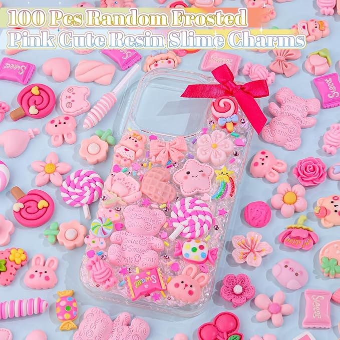 100PCS Pink Slime Charms Cute Flatback Resin Charms for Slime, Random Kawaii Decoden Charm for Embellishments Phone Junk Case Charms Bulk Rainbow Bow Heart Lollipop, Scrapbooking DIY Decor
