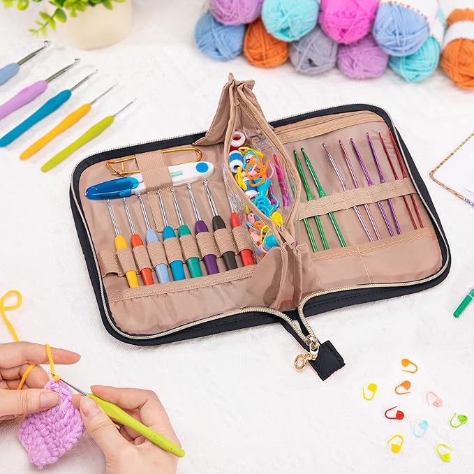 MYBAGZING Crochet Hook Set with Storage Case – 14 Ergonomic Crochet Hooks(2mm(B)-10mm(N), 10 Stitch Markers, Crochet Organizer for Crochet Needles, Accessories, and Supplies