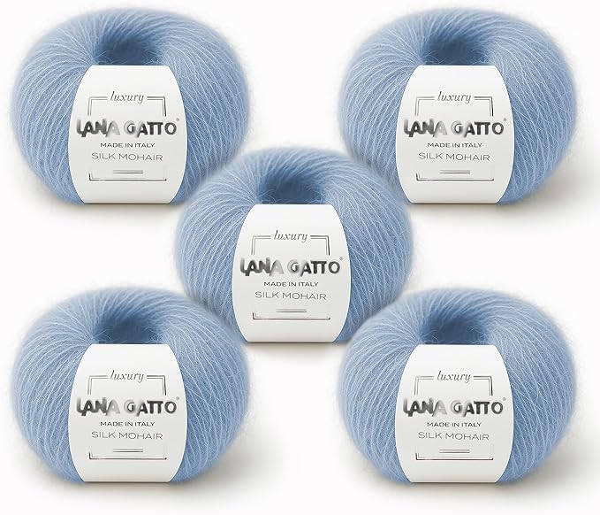 Silk Mohair Yarn for Knitting – Lace Weight Mohair Yarn with Silk, Made in Italy – Light Blue-7264, 5 Skeins