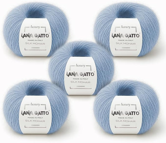 Silk Mohair Yarn for Knitting – Lace Weight Mohair Yarn with Silk, Made in Italy – Light Blue-7264, 5 Skeins