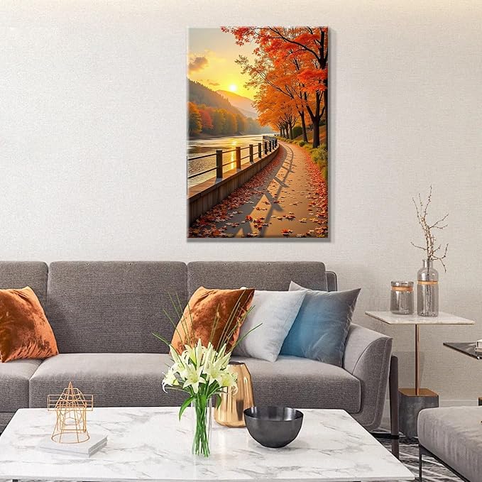 JOOZ Paint by Numbers Kit for Adults with Frame Fall Landscape Paint by Number with Easel Autumn Tree Adult Paint by Number Kits Framed Canvas Sunset Oil Painting Kits for Home Wall Decor 8x12 Inch