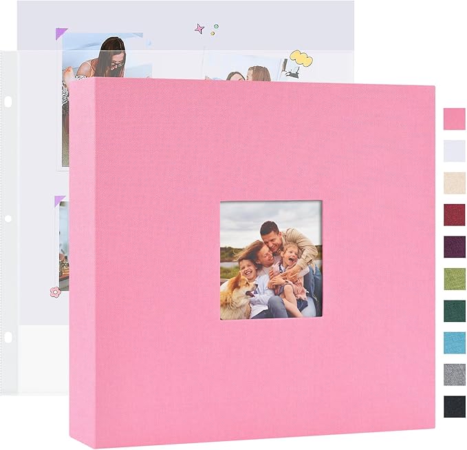 Mublalbum 10x10 Inch DIY Scrapbook Photo Album with 20 Plastic Sleeves 40 Pages Linen Cover 3 Ring Folder Binder for Wedding Baby Family and DIY Projects (Pink)