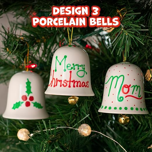 READY 2 LEARN Christmas Crafts - Design Your Own Porcelain Bells - Craft Kit for Kids - Christmas Tree Decorations - All Materials Included, Green,Red, Set of 3
