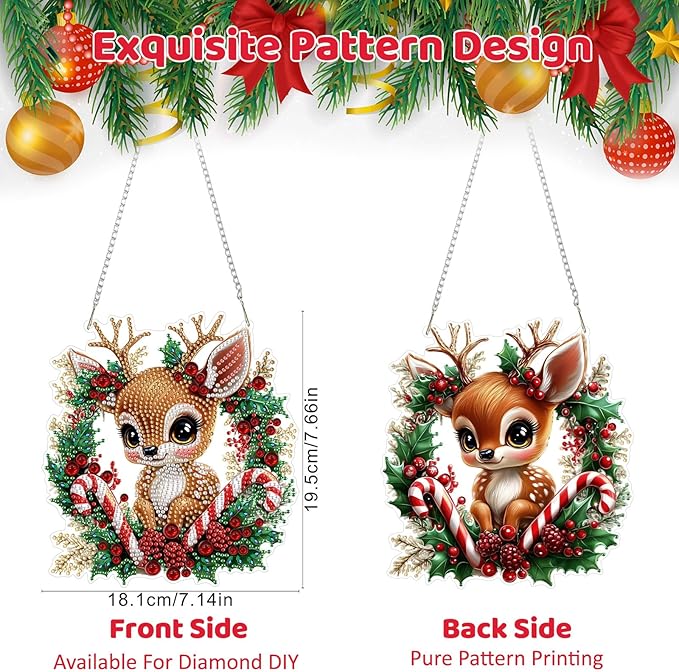 MEIYUDA Christmas Deer Diamond Art Hanging Kits for Adult, Elk Wreath Diamond Painting Hanging Kits Ornaments, DIY Special Shaped Rhinestone Window Pendants kit for Home Garden Wall Decor