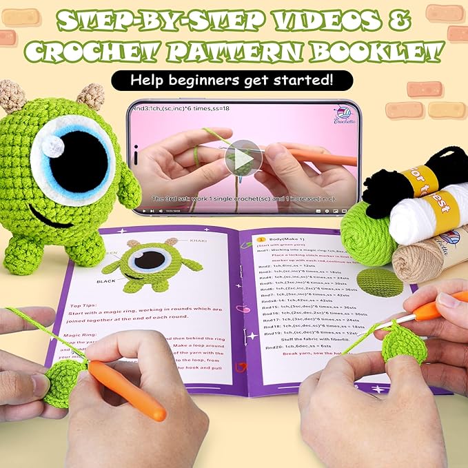 Crochetta Crochet Kit for Beginners, Crochet Starter Kit w Step-by-Step Video Tutorials, Beginner Crochet Kit for Adults Kids Women Men Complete Kit Included (Flower Hairpin)