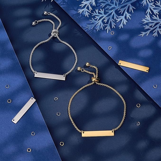 UNICRAFTALE 2 Colors 8Set Engravable Bracelets DIY Kit Including Rectangle Engravable Blank Tags Links Connectors 24cm 304 Stainless Steel Slider Bracelet 4mm Open Jump Rings for Bracelets Making