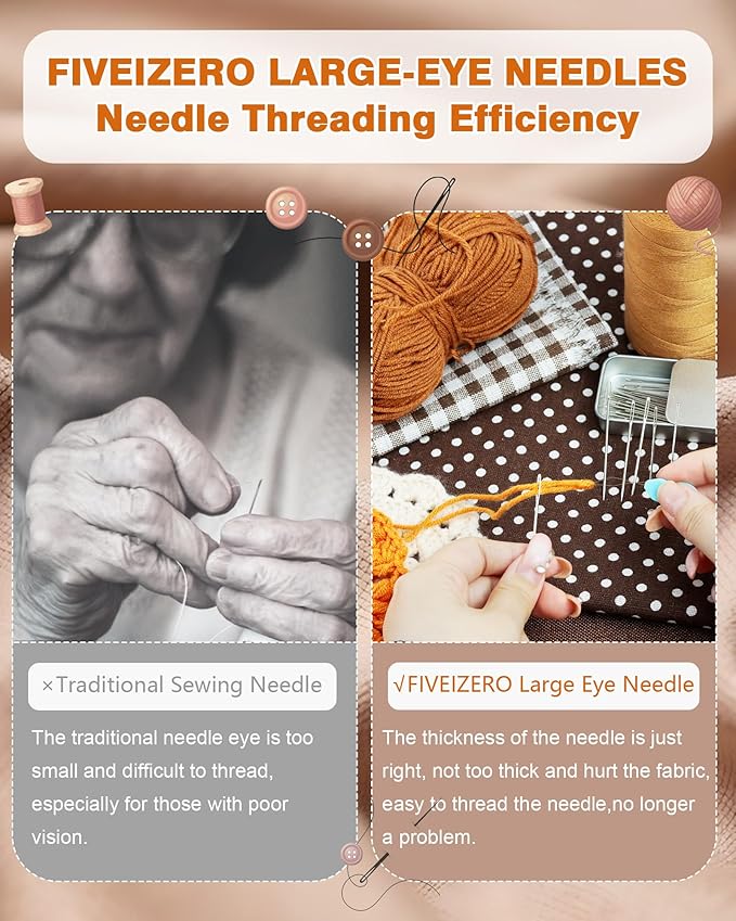 FIVEIZERO 80/40 PCS Premium Stainless Steel Sewing Needles, 7 Sizes Large Eye Sewing Sharp Needles, Leather Needle Embroidery Thread Needle with Threaders for Handsewing Art Crafts