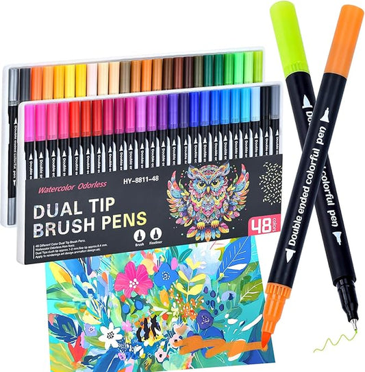 MIN CI 48 Colors Markers, Dual Tip with Fine Tip and Brush Tip Pens for Adult Coloring Book, Dual Brush Coloring Markers, Art Supplies Marker s Kit for Calligraphy, Drawing, DIY Crafts