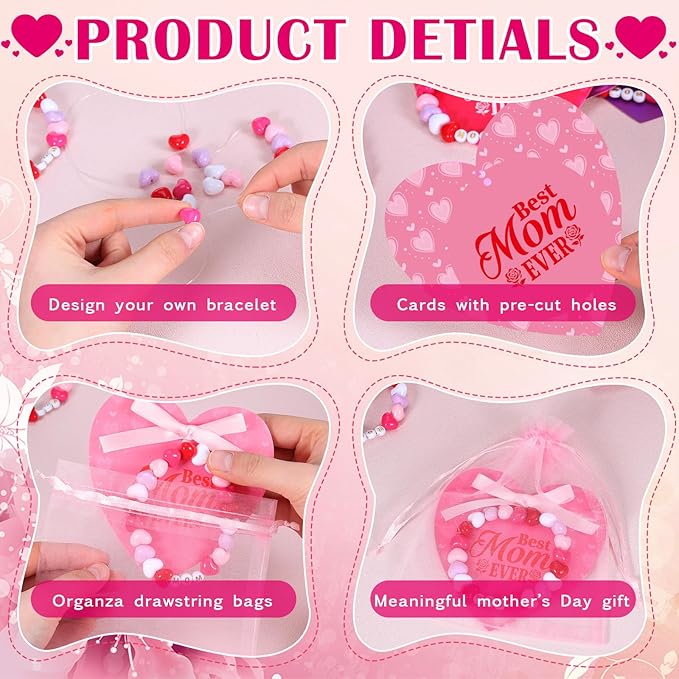 Kigeli Mother's Day Heart-Shaped Card Set for Crafters - DIY Gifts, Card Making, Jewelry, Personalized Presents - Includes 24 Cards, 600 Beads, Organza Bags, Elastic Thread & mom Beads
