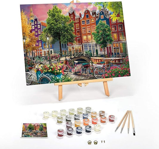 Ledgebay DIY Paint by Numbers Kit for Adults Framed Canvas Beginner to Advanced Paint by Numbers Kit Kits Include Acrylic Paint set Brushes&Tabletop Easel(Beautiful Sunset in Amsterdam 12"x16" Framed)