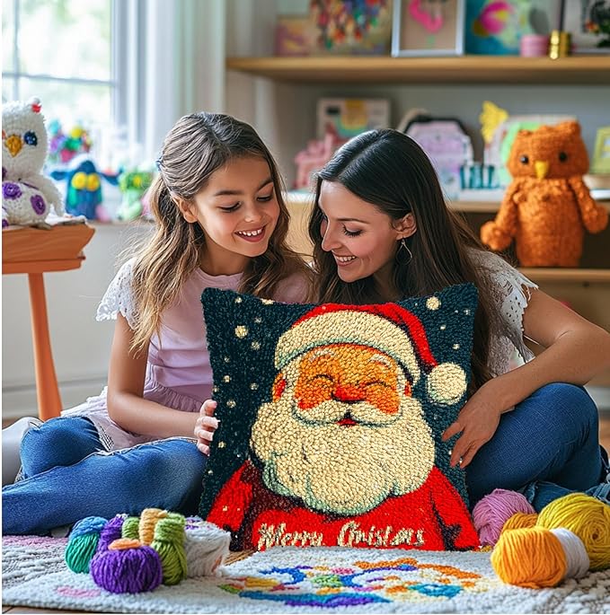 DIY Latch Hook Pillow Kits for Adults Merry Christmas Santa Claus Printed Pillowcase Crochet Yarns Hooking Handmade Pillow Cover Cushion for Home Sofa Decoration 17x17inch(3)