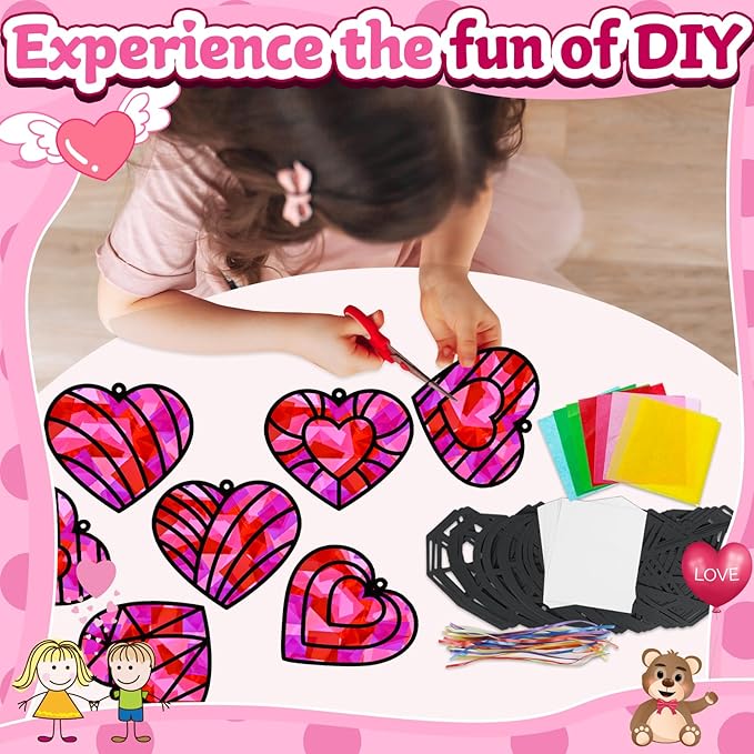 32 Sets Valentines Suncatchers Craft Kit DIY Heart Window Stained Glass Effect Paper Pink Love Home School Classroom Decoration Valentines Art Craft Creative Activity Project Kid Gift Favor