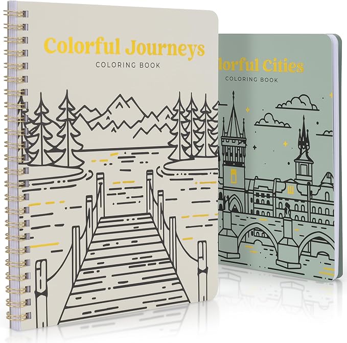Beautiful Adult Coloring Book Set of 2 for Relaxation - Inspirational Adventures and Landmarks Scenery for the Spirit of Wanderlust - Perfect Stress-Relieving Gift for Women (Journeys & Cities, 2)