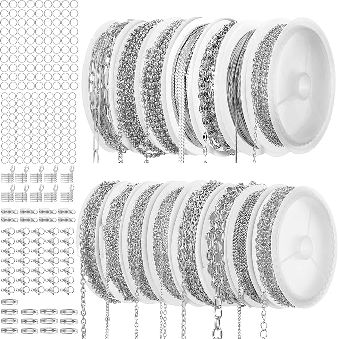 COMNICO 15 Rolls 79 FT Necklace Chains for Jewelry Making, Stainless Steel Chains Bulk Link Plated Permanent Jewelry Making Accessories with Jump Rings for DIY Necklace Earring Bracelet