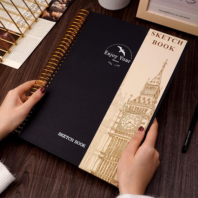 Hardcover Sketchbook for Drawing 8.5 x 11 Spiral Sketch Book for Adults Women Kids with 100gsm 68lb 120 Sheets Premium Paper Sketch Pad for Drawing Books Notebook Art Supplies, Black