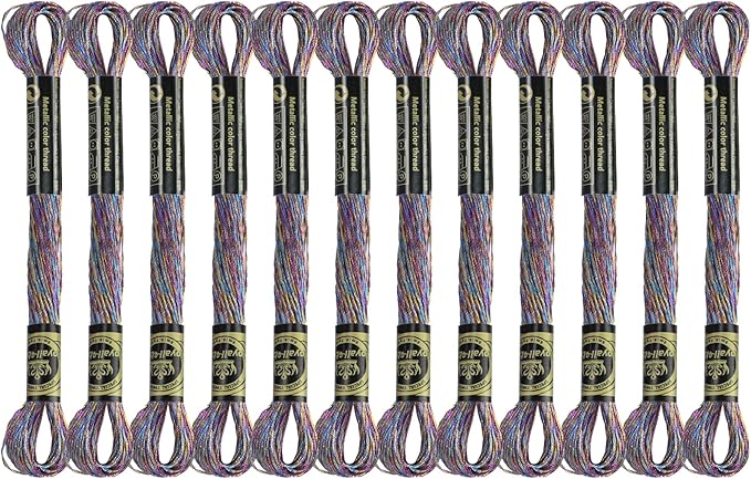 12 Skeins Embroidery Floss, Deep Multicolored Metallic Embroidery Thread Polyester Cross-Stitch Threads for Hand Embroidery String Art DIY Creation