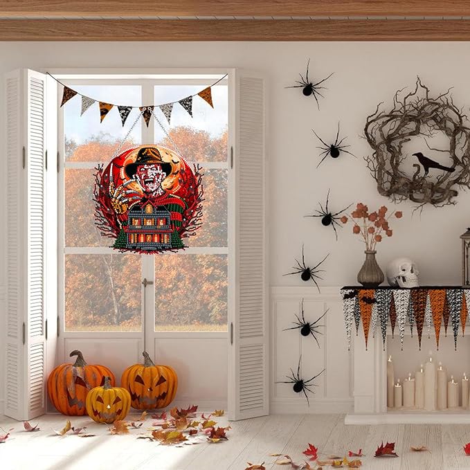 WEUOPG Halloween Diamond Art Hanging Kit for Crafts, DIY Acrylic Diamond Art Painting Window Pendants Home Garden Wall Hanging Kits, Double Sided Hanging Ornament