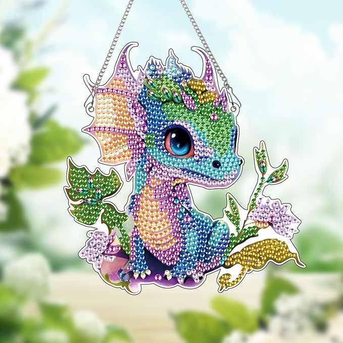 AiYuanzsh 5D DIY Diamond Art Hanging Pendant Kit, Dragon Acrylic Diamond Painting Ornament, Special Shaped Diamond Art Mosaic Suncatcher for Window and Home Decor