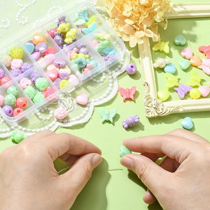 Ipotkitt 1 Box AB Color Opaque Acrylic Beads Candy Color Spacer Bead Kit Round Heart Butterfly Candy Rose Beads for Bracelets Jewelry Making DIY Crafts