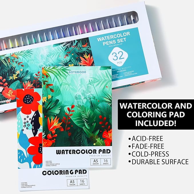 32 Watercolor Pens Set Includes 26 Vivid Colors, Real Brush Tips Paint Markers Set with 2 Blender Pens, Watercolor Pad and Coloring Pad, Art Supplies Gifts for Beginners Young Artists and Adults