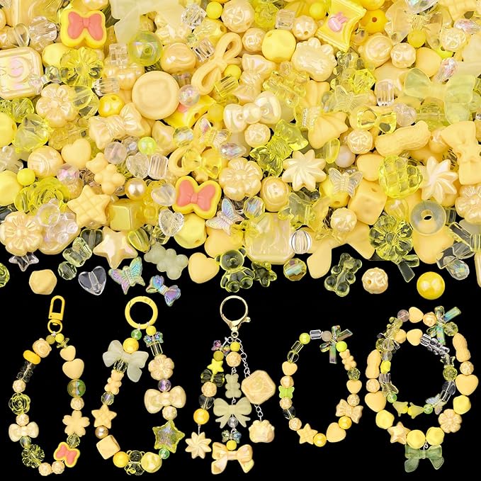 200-260pcs tinkrstuff assorted yellow acrylic beads for bracelet making,cute beads for jewelry making flower bow butterfly candy gummybear aesthetic bracelet charms, diy necklace keychain phone charm