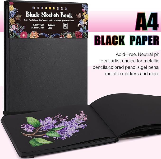 50 Sheets Black Paper Sketchbook, 98lb/160gsm Heavyweight Black Sketch Pad 5.8×8.3in, Acid-Free Drawing Paper, Spiral Bound Sketch Book for Kids, Teens, Artist