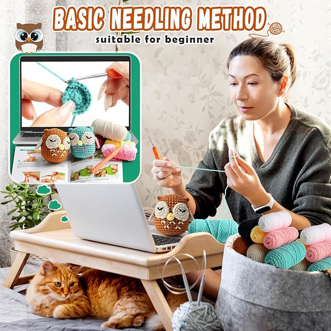 Faircosy 2PCS Beginner Crochet Kit: Amigurumi Crocheting Owls Kits, Starter Kit for Adults and Kids (10Age+) with Detailed Instructions and Tutorial, Suprise Gift for Lover, Family (Blue-Brown)