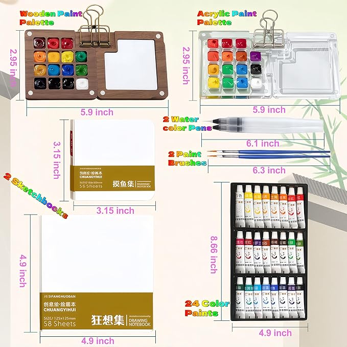 Mini Watercolor Travel Paint Set, Acrylic Painting Palette and Wooden Paint Box(15 Grids), 2 Sketchbooks, 2 Brush Pens and 24 Color Paints. Perfect for Artists, Students and Painters on The Go