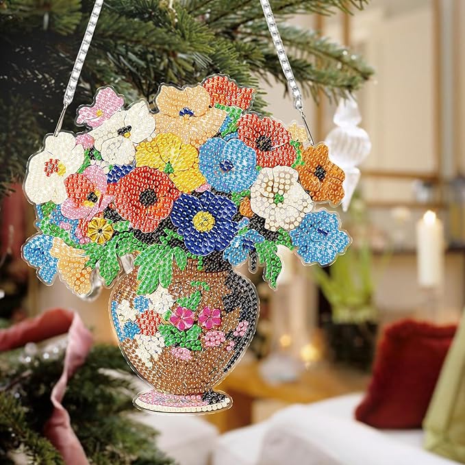 Auremi Vase Flower Diamond Art Hanging Kit for Adult, Special Shaped Rhinestone, DIY Acrylic 5D Flower Diamond Painting Window Pendants Signs, Home Garden Wall Hanging Ornament