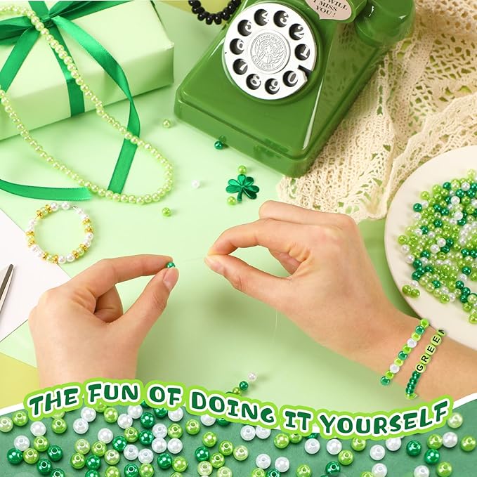 UPINS 1200Pcs St. Patrick's Day Green Pearl Beads,Irish Beads for Jewelry Making Party Decoration Necklace Bracelets Earrings Hair Beads DIY Crafts Supplies (4 Colors)