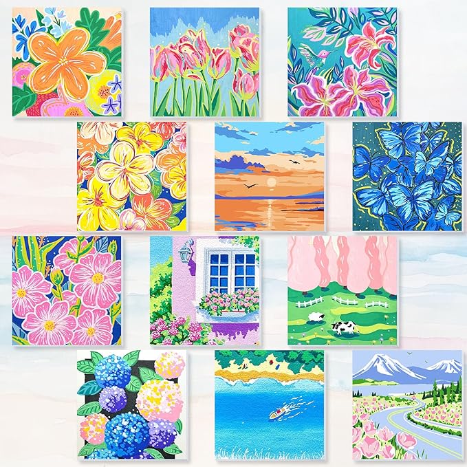 Nezyo 12 Sets Paint by Numbers Kit with Frame for Adult Beginners, DIY Acrylic Paint by Number Canvas for Painting Party Activity Birthday Gift, 8 x 8 Inch