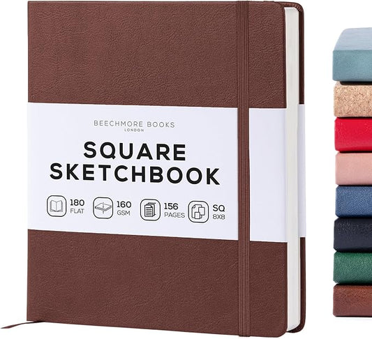 Beechmore Books Square Mixed Media Sketchbook - 8x8 Inch Professional Art Journal, 160 GSM / 98 lb Ivory Paper, Perforated Pages, Vegan Leather Hardcover, Lay-Flat Design for Drawing & Doodling