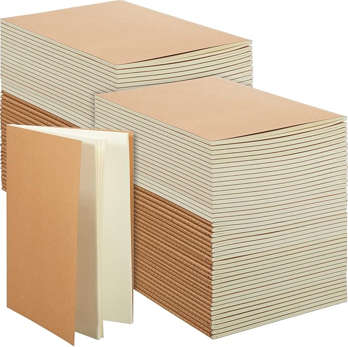 mimorou 100 pcs journals notebooks bulk - kraft softcover a5 small notebooks 5.5 inch x 8.3 inch notepads with 60 page 30 sheet for writing sketch travel office supplies(brown,unlined)