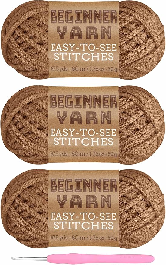 3x50g Beginners Brown Yarn, 260 Yards Brown Yarn for Crocheting Knitting, Easy-to-See Stitches, Worsted Medium #4, Chunky Thick Cotton Nylon Blend Yarn Yarn for Crocheting
