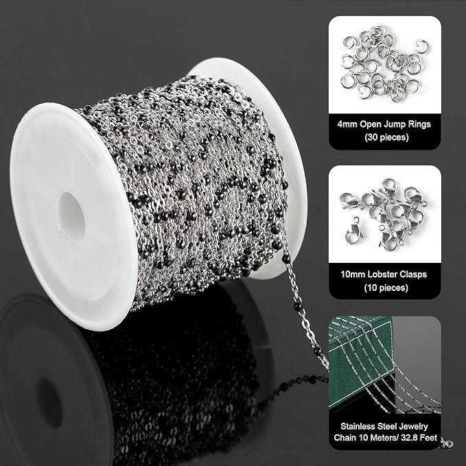 UMAOKANG 10 Meters Stainless Steel Jewelry Chain for Jewelry Making Black Enamel Bead Cable Chain Roll with Open Jump Rings and Lobster Clasps