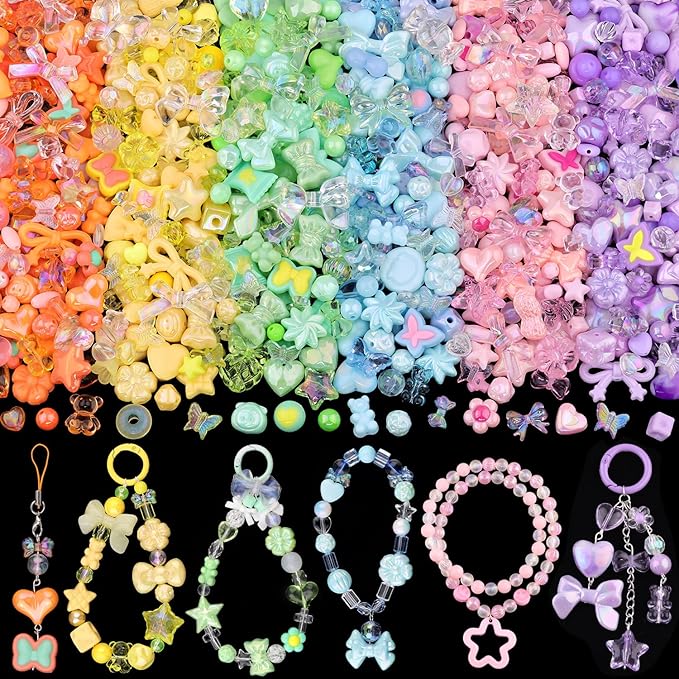 400-450pcs tinkrstuff assorted acrylic beads 6 mixed colors cute beads for bracelet making, bow aesthetic flower gummybear butterfly kawaii charms for jewelry making diy necklace keychain phone charm