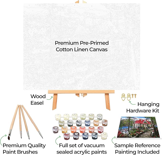 Ledgebay DIY Paint by Numbers Kit for Adults Framed Canvas Beginner to Advanced Paint by Numbers Kit Kits Include Acrylic Paint Set Brushes Tabletop Easel (Countryside House 12"x16" Framed)