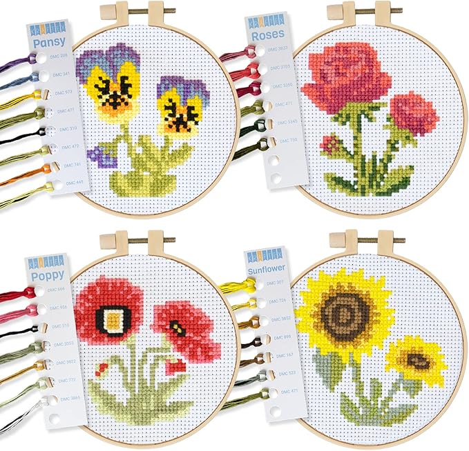 kraftex stamped cross stitch kits for beginners (flower theme - 6.75 inch - 4 pack 1 x embroidery hoop) embroidery needlepoint patterns for adults, includes poppy, rose, sunflower and pansy