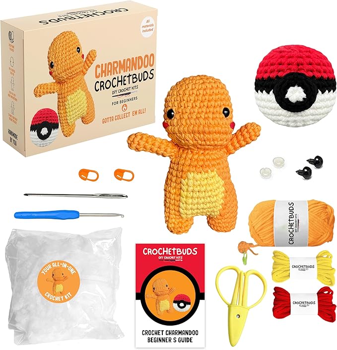 Charmandoo Crochet Kit | Intermediate Level | Great for Couples, Date Night, Teens, Adults, & Anime Lovers | DIY Gift Kit w/Ball | Instructions, Yarn, Hook, Video & Written Tutorial [Ages 15+]