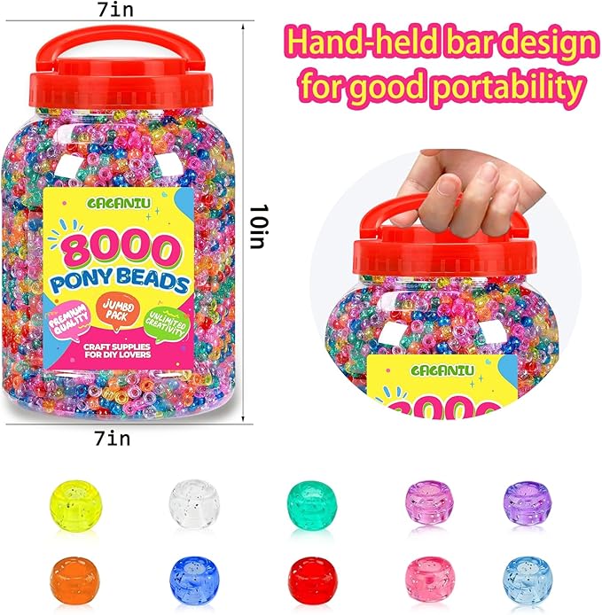 glitter pony beads for bracelet 8050 pcs multi-colored beads bulk for hair jewelry making braiding diy crafts kandi key chains and ornaments decorations 9 assorted colors,boxed (8050)