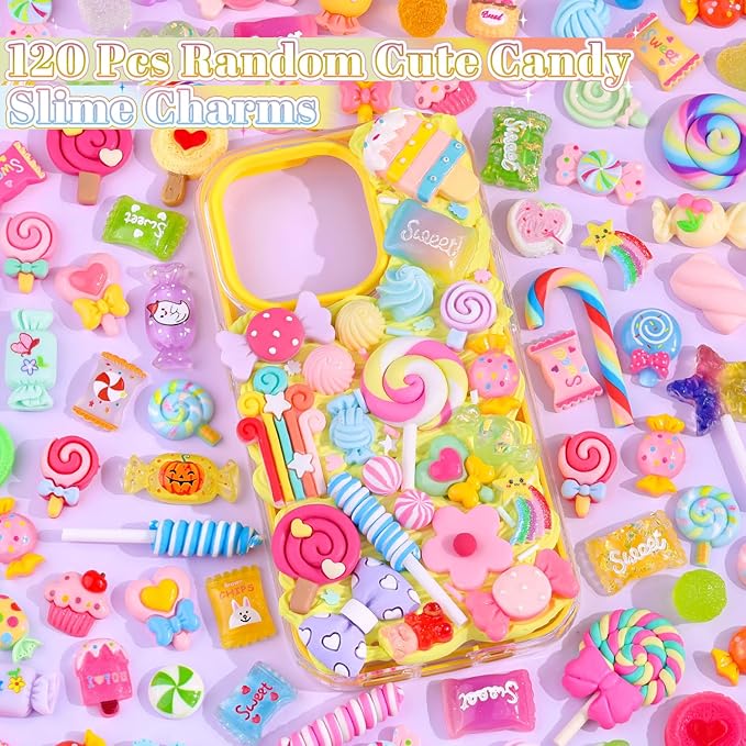 Fake Candy Charms 120PCS Cute Flatback Resin Charms For Slime, Random Kawaii Decoden Charm for Embellishments Slime Charm for Craft Phone Junk Case Charms Bulk Rainbow Lollipop, Scrapbooking DIY Decor