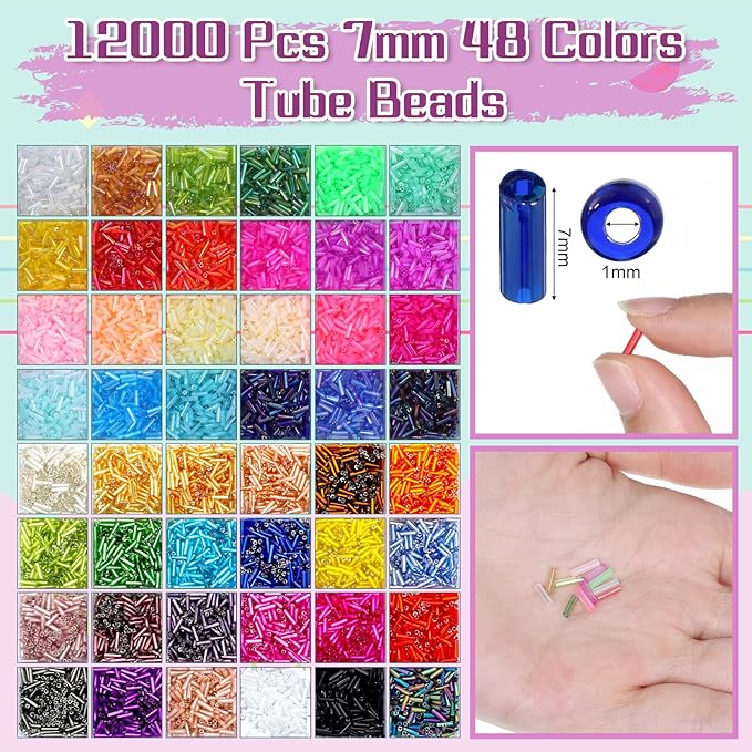 32000 Pcs 2mm Glass Seed Beads Small Craft Beads and 12000 Pcs 7mm Tube Bead Set, Glass Seed Bead Kit for DIY Bracelet Necklaces Crafting Supplies with Elastic Strings Beading Needles 96 Colors