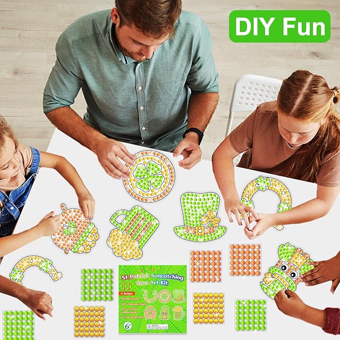 Qyeahkj 6 Pcs St Patrick's Day Arts Crafts DIY Shamrock Hat Gem Diamond Suncatcher Crafts for Kids Patrick Diamond Painting Gifts Exchange for Kids Aged 4 6 8 10 12 for Home School Party Decor