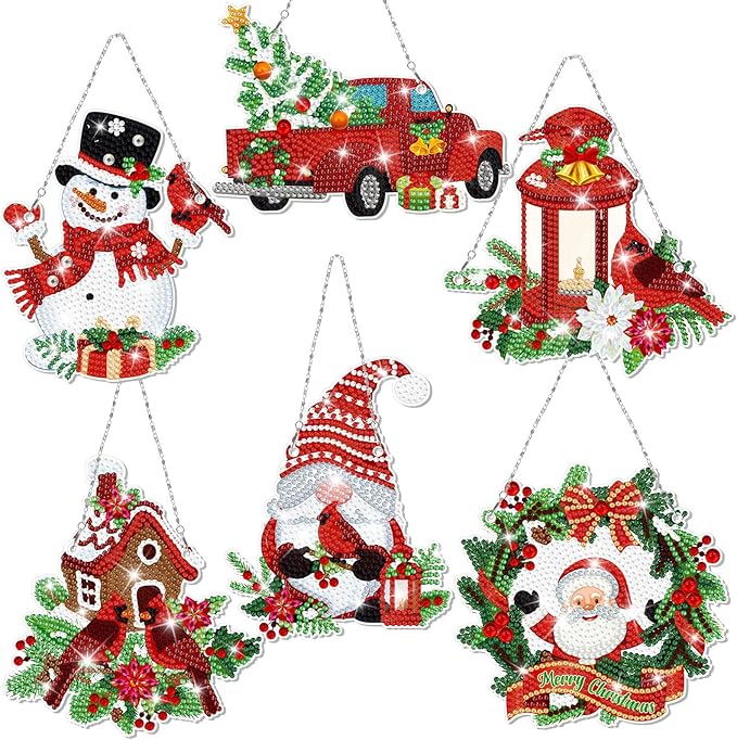 Chitidr 6 Pcs Christmas Diamond Painting Hanging Sign Set Cardinal Diamond Art Kits DIY Crystal Paint Arts and Crafts Set 5d DIY Christmas Ornaments Kits for Winter Wall Door Window Decor (Cardinal)