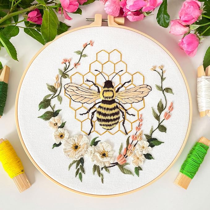 Myfelicity Embroidery kit for Adults, 3-Piece Bee and Butterfly Floral Designs, Including Tools Handmade Embroidery Hoop Art Set (Yellow)
