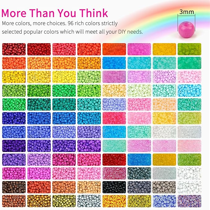 Friendship Bracelet Kit 3mm Seed Beads, 30000 Pcs 8/0 96 Colors Small Glass Beads Embroidery Kit with Letter Bead Charms for Jewelry Making Gifts Necklaces Waist Beads DIY Arts and Crafts for Adults